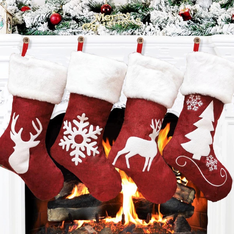 Embroidery Xmas Stocking - Kaus Kaki Natal Merah Motif Rusa