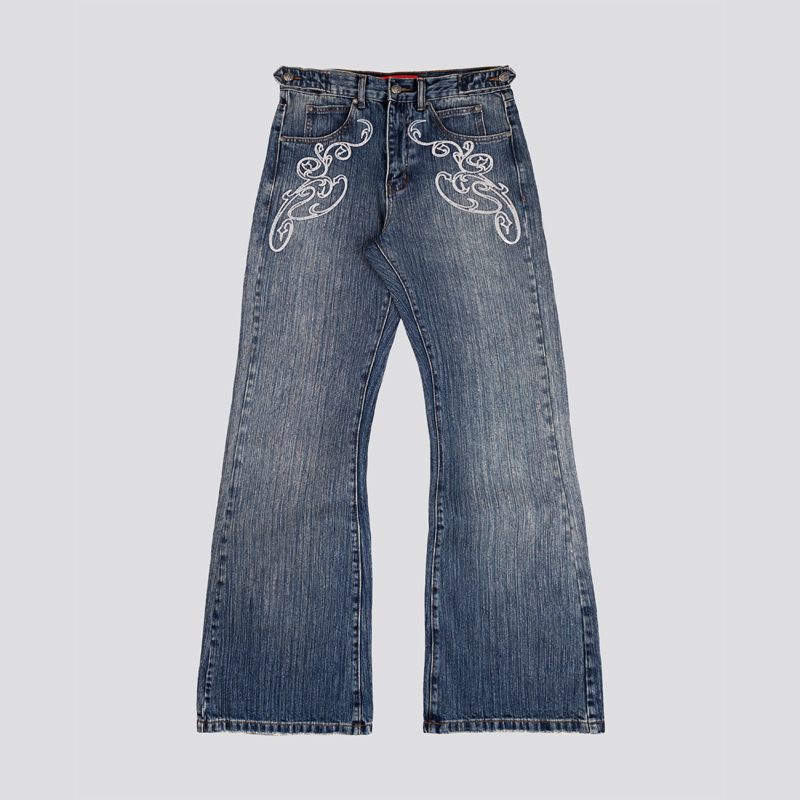 Embroidery On Jeans - Celana Jeans Bootcut Biru Y2k Vintage