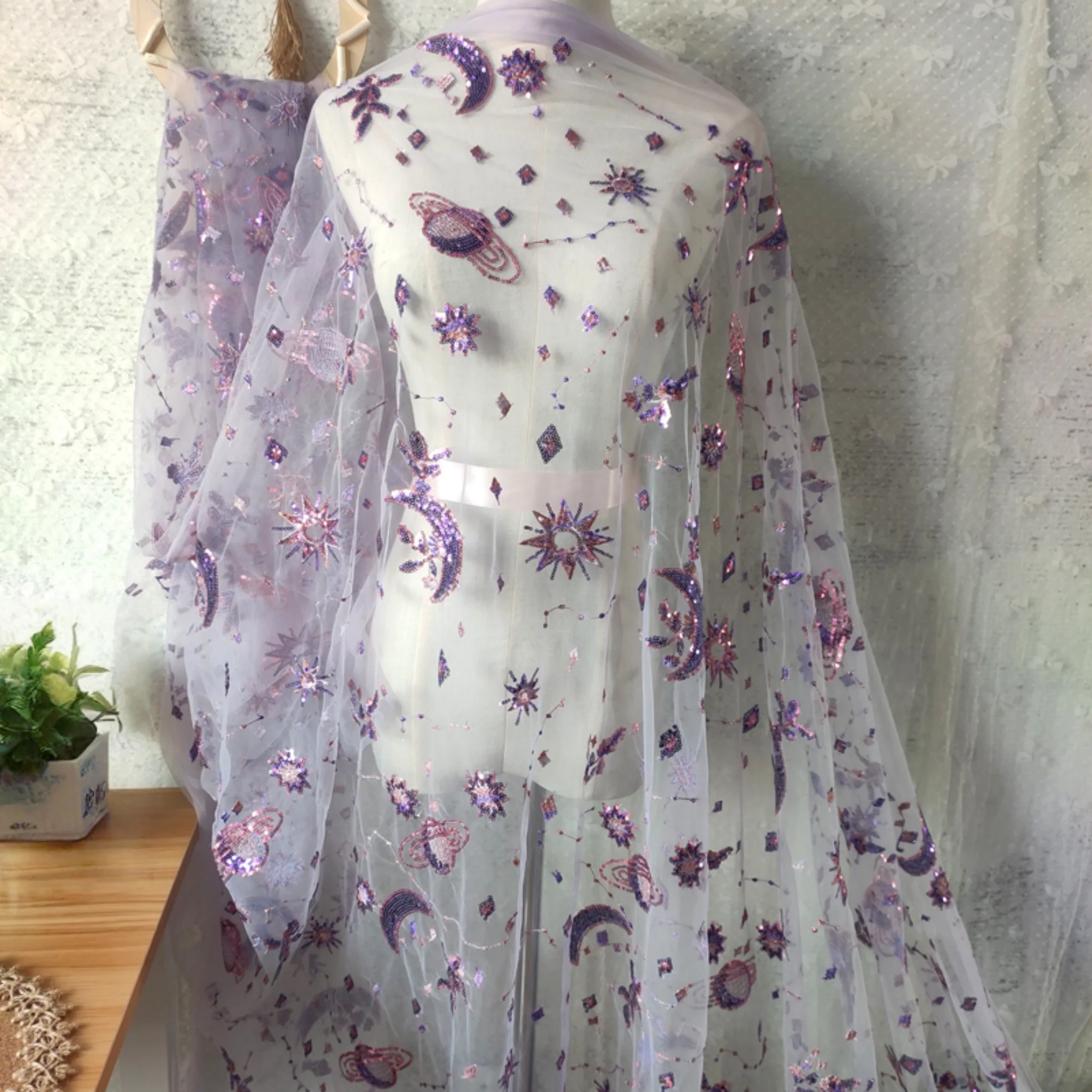 Embroidery Net Dress - Kain renda ungu lebar 0,5 meter,