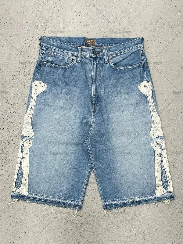 Embroidery On Jeans - Deeptown Y2k Celana Pendek Denim Harajuku
