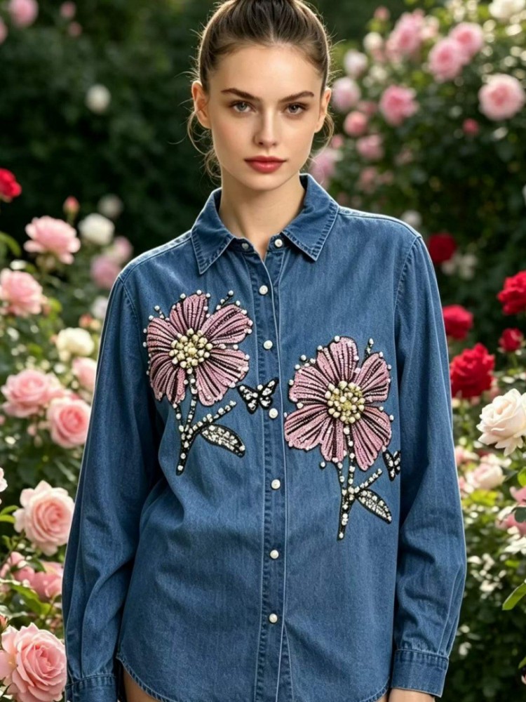Embroidery Cotton Shirt - Blus Bordir Denim Wanita Kemeja Blus