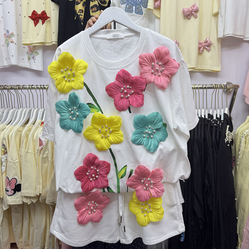 Embroidery Cotton Shirt - Kaus Bunga 3D Warna-warni Musim Panas