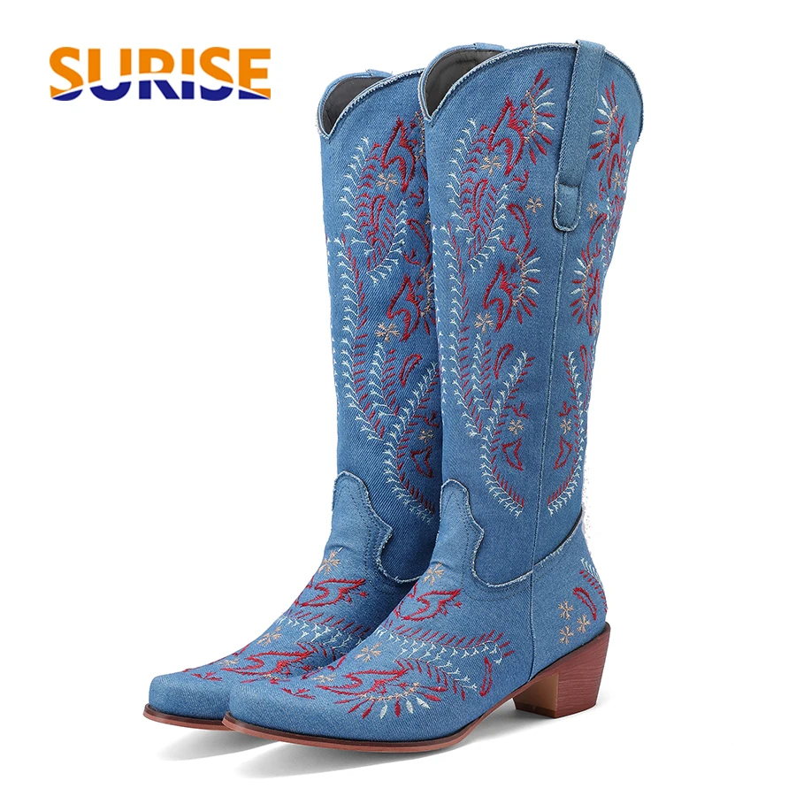 Embroidery On Jeans - Sepatu Bot Setinggi Lutut Cowgirl Barat