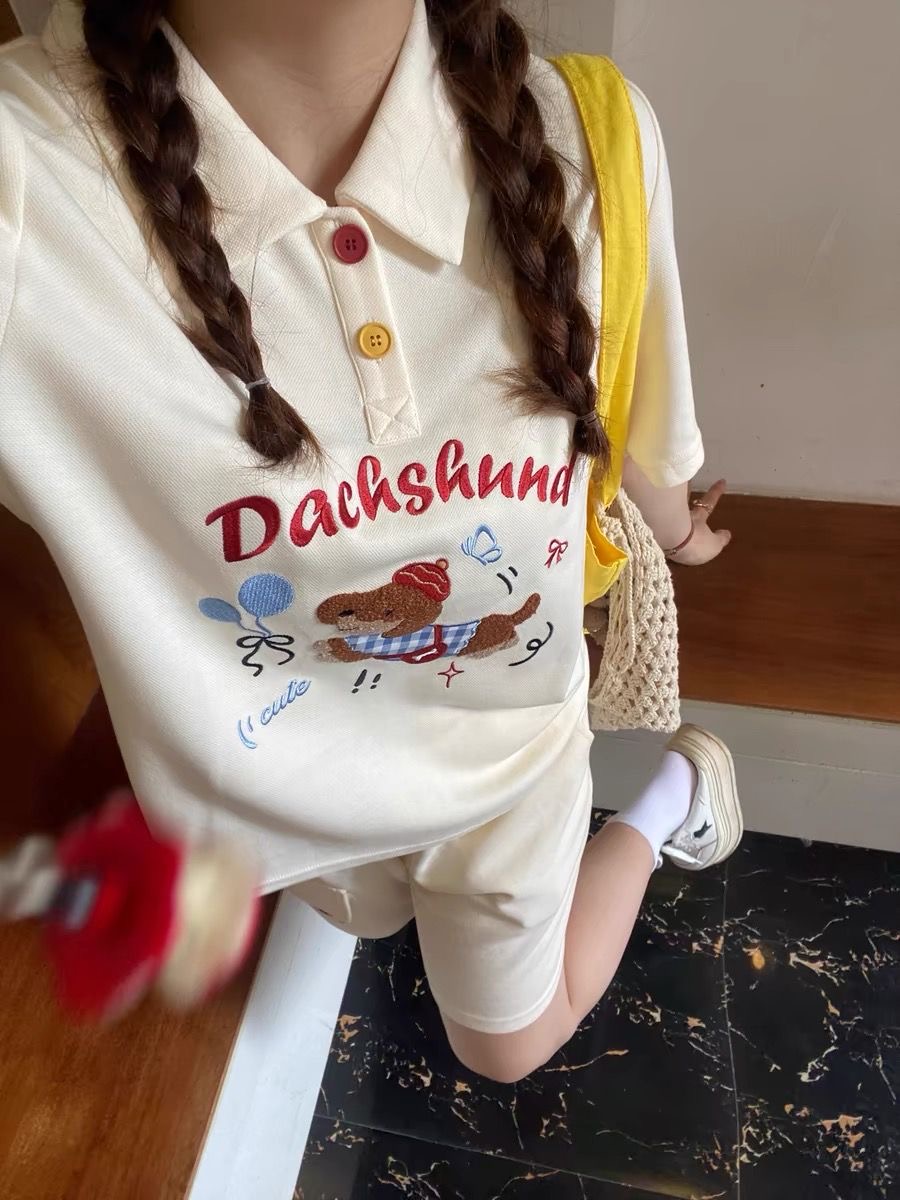 Embroidery Cotton Shirt - Kaus Polo Gaya Jepang Anjing Bordir