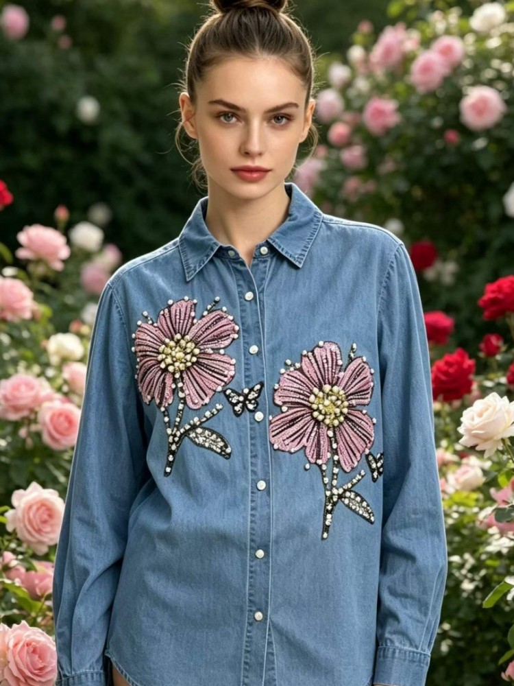 Blus Bordir Denim Wanita Kemej - Embroidery Cotton Shirt ulasan dan harga