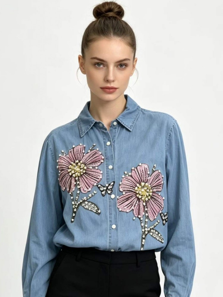 Blus Bordir Denim Wanita Kemej - Embroidery Cotton Shirt ulasan dan harga