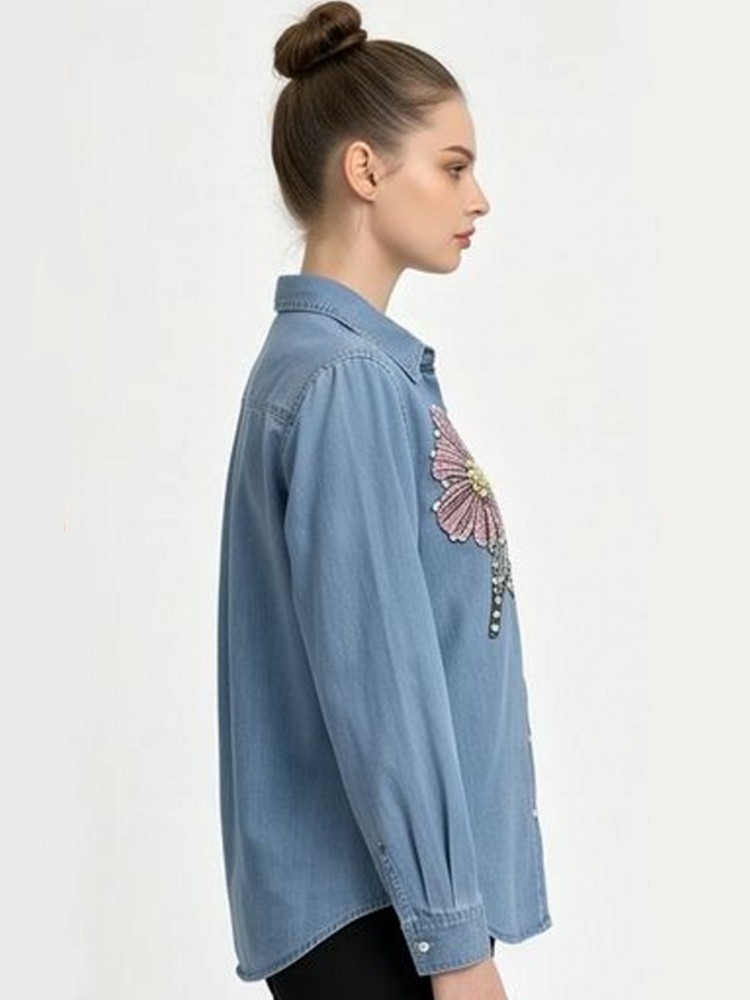 Blus Bordir Denim Wanita Kemej - Embroidery Cotton Shirt ulasan dan harga