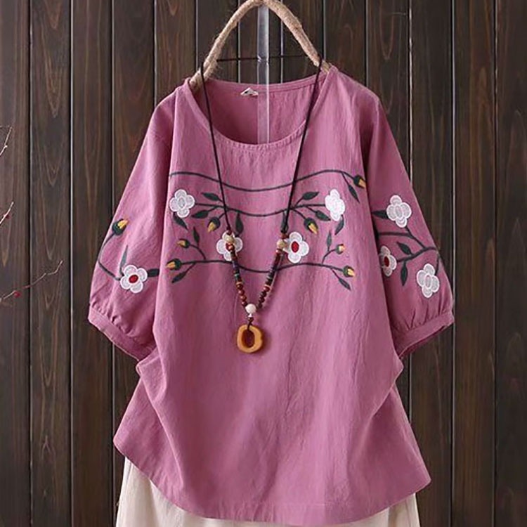 Kaos Lengan Pendek Wanita Ukur - Embroidery Cotton Shirt ulasan dan harga