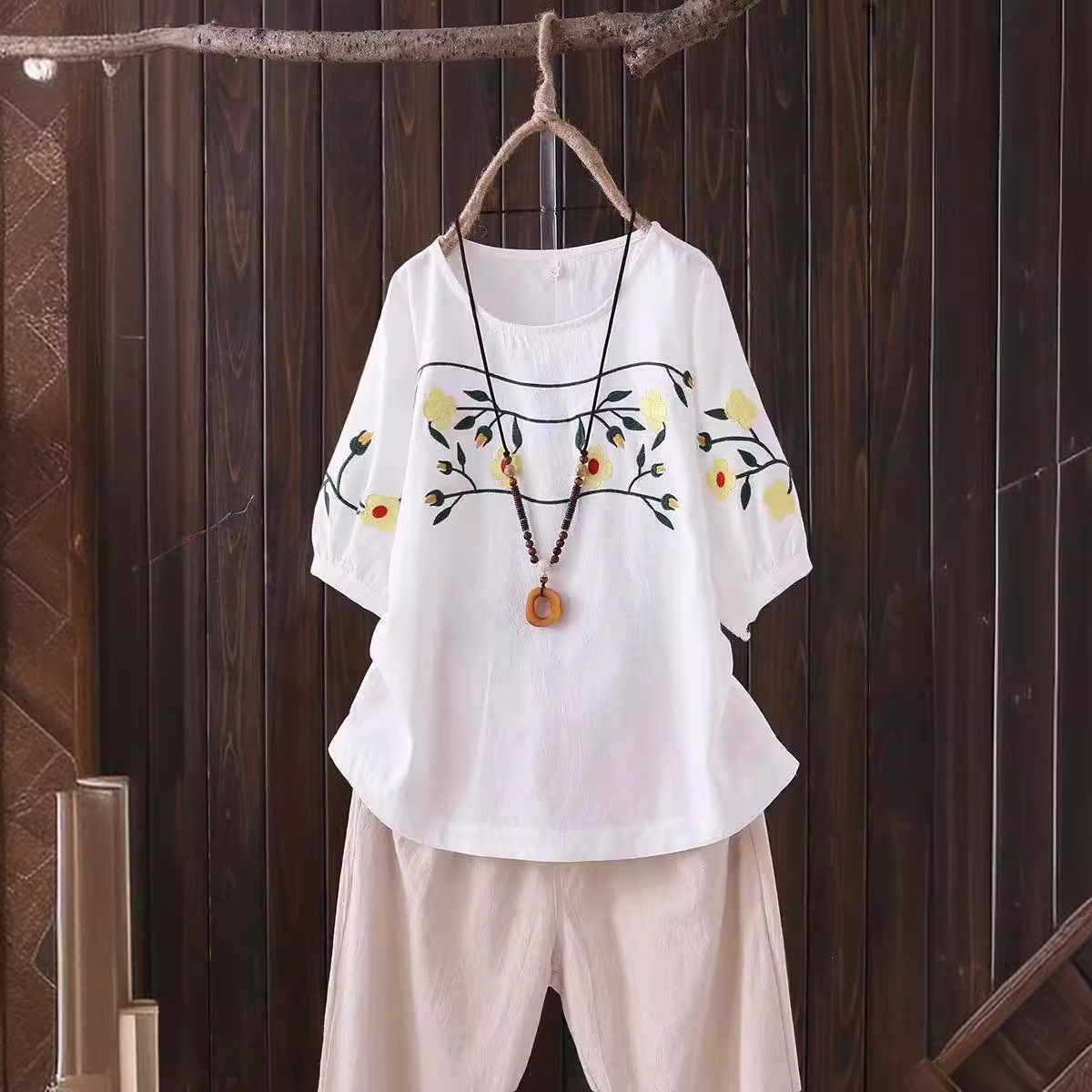 Kaos Lengan Pendek Wanita Ukur - Embroidery Cotton Shirt ulasan dan harga