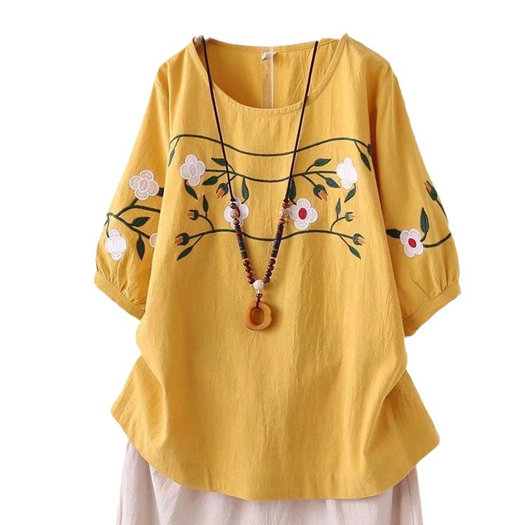 Kaos Lengan Pendek Wanita Ukur - Embroidery Cotton Shirt ulasan dan harga